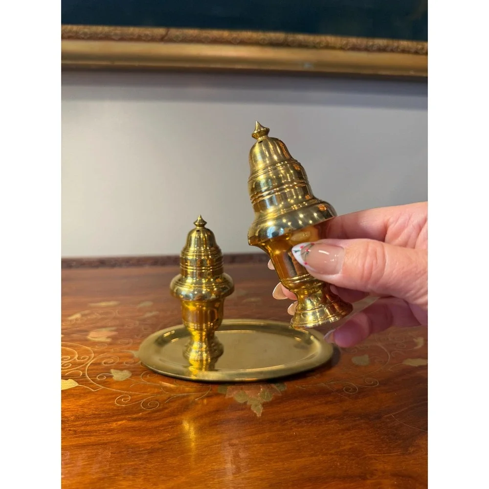 Vintage Brass Salt and Pepper‎ Shaker Set with Tray